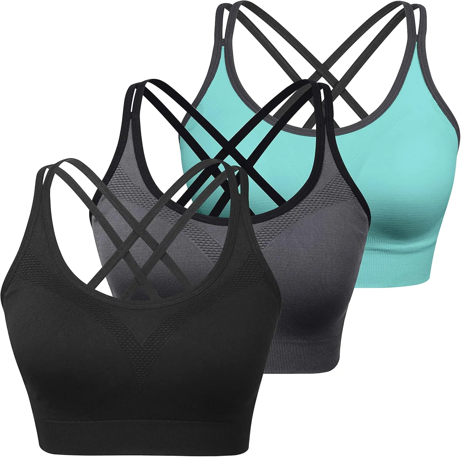 WOYYHO Cross Back Sports Bra for Women Padded Strappy Yoga Bra Medium Support Workout Bra for Athletic Gym Fitness 3 Pack